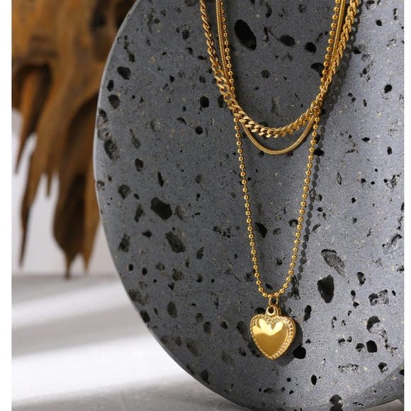 NEW 18K Gold Plated Link Chain Triple Layer Heart Necklace - Picture 3 of 7